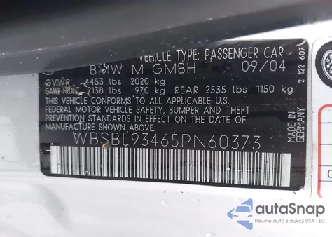 2005 BMW M3 z USA, uszkodzony, nr VIN WBSBL93465PN60373